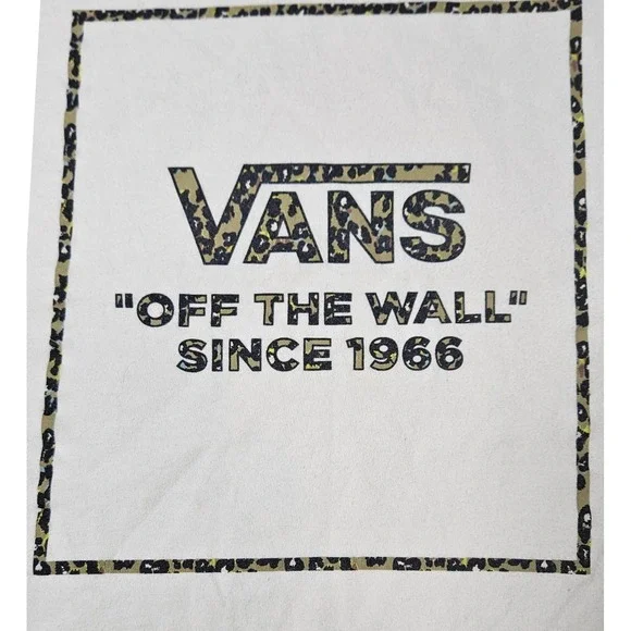 Vans Off The Wall Womens Ringer T-Shirt Cream Leopard Print Graphic Logo Medium - Picture 3 of 9